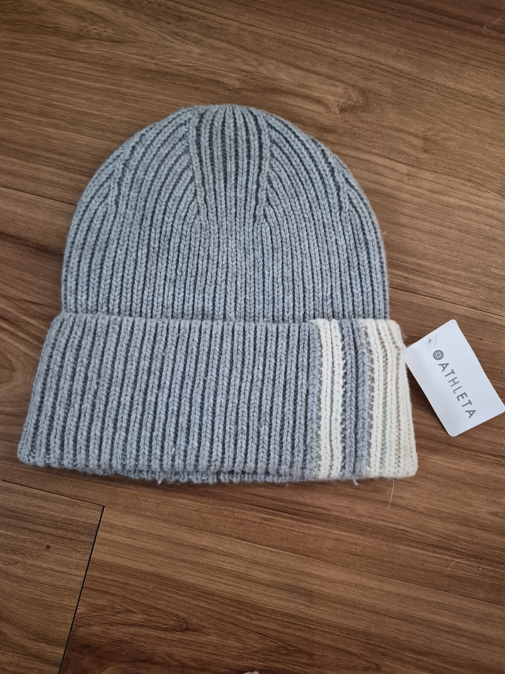 NWT Athleta Wool Blend Light Gray Beanie with Cream Stripe Cuff